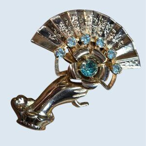 Vintage Gold-Tone Fan Brooch With Blue Rhinestones & Elegant Hand Design floral
